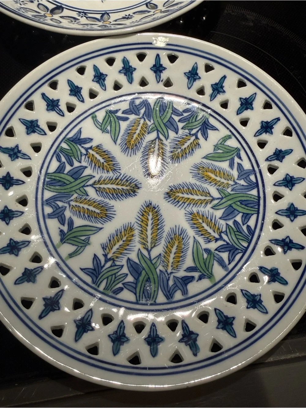 Set of 4 Decorative Floral Ceramic Plates - Blue, Yellow, Green